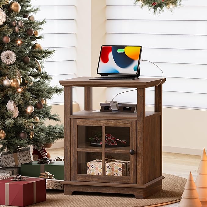 HIFYOBRO 18'' End Table with Charging Station, Adjustable Shelf & Storage, Modern Farmhouse Nightstand for Bedroom, Living Room, Office