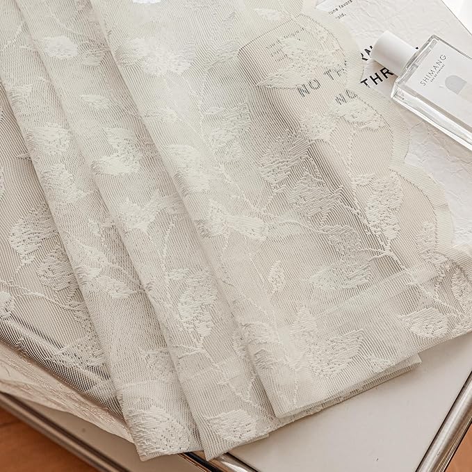 Beige Lace Sheer Curtains 84 inches Long – Vintage Leaves Pattern for Living Room/Bedroom, Fall Curtains, Modern Privacy Light Filtering Rod Pocket Window Drapes, 52W x 84L Inch, 2-Panels