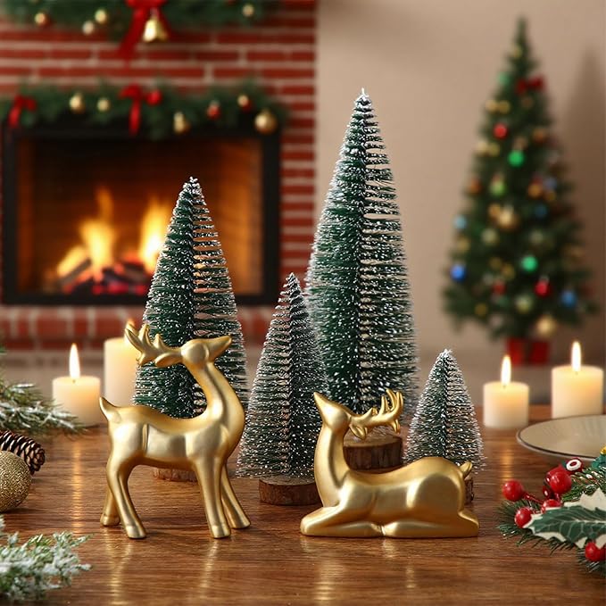 Wesiti 2 Pcs Ceramic Christmas Reindeer Figurines 4 Pcs Mini Christmas Pine Tree Reindeer Decor Deer Statue Sculpture Tabletop Ornaments for Home Mantel Shelves Decor (Gold)