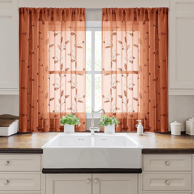 HOMEIDEAS Fall Burnt Orange Sheer Kitchen Curtains 52 x 45 Inch Length 2 Panels Embroidered Leaf Pattern Short Curtains for Bedroom Half Small Window Rod Pocket Tiers
