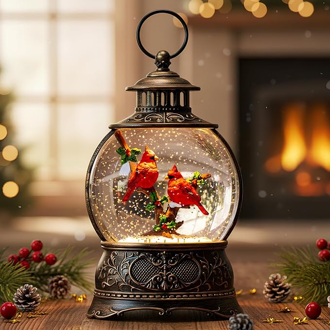 Christmas Snow Globe Lighted Cardinal Holly Scene, Musical Snow Water Lantern Swirling Glittering Home Decoration and Gift, Battery Operated or USB Powered