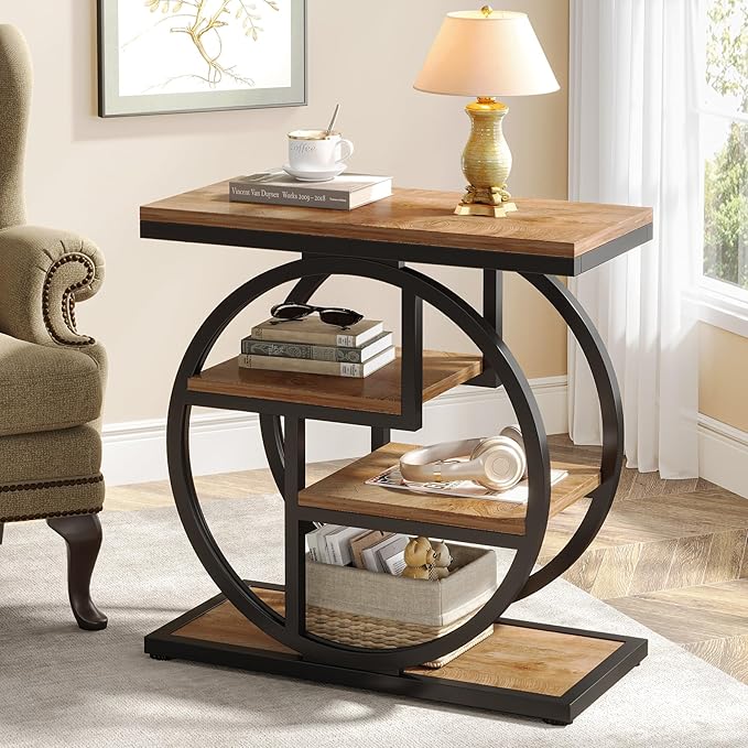 Tribesigns End Table for Living Room, 4-Tier Narrow Side Table with Storage Shelves, Industrial Bedside Table for Bedroom, Wood Small Sofa Side Table with Geometric Metal Frame (1 PC, Natural Brown)