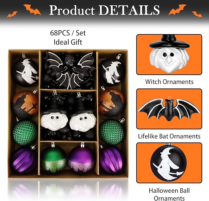 68pcs Halloween Ornaments for Small Tree,Shatterproof Halloween Christmas Tree Decorations Hanging Ball Ornaments Set with Bat and Witch Decor for Party Indoor Home Decor