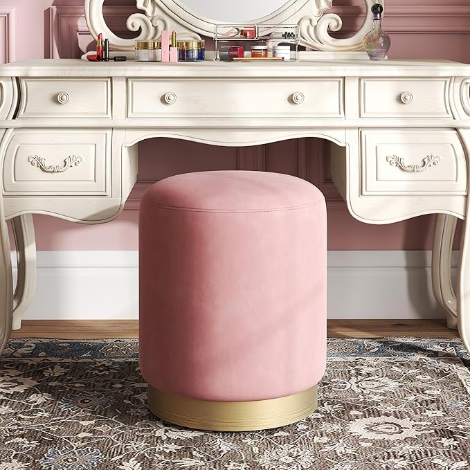 DAGONHIL Modern Round Pink Velvet Ottoman,Upholstered Floor Stools with Gold Plating Base,Accent Makeup Stool for Living Room,Bedroom and Kids Room,Pack of 1(Pink)