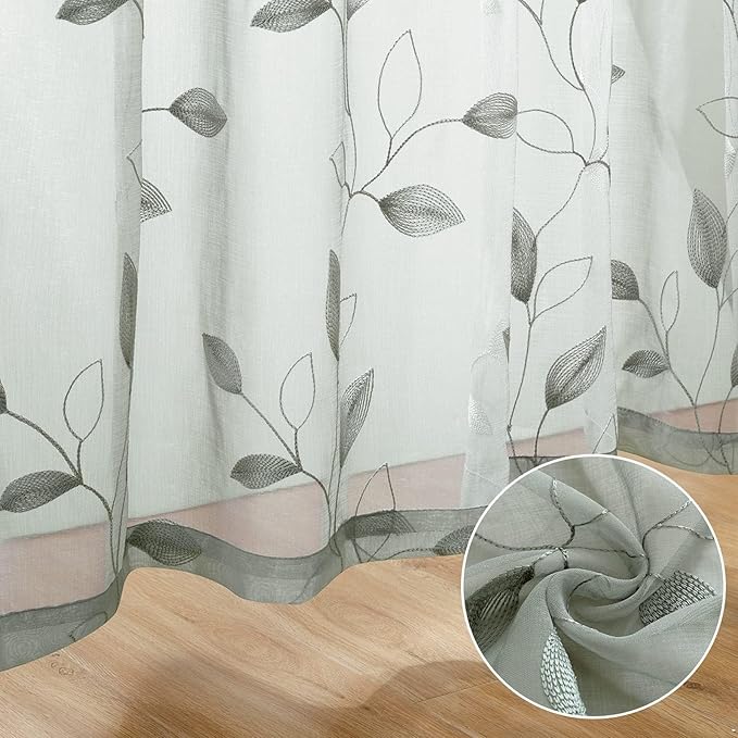 HOMEIDEAS Sage Green Sheer Curtains 52 X 63 Inches Length 2 Panels Embroidered Leaf Pattern Pocket Faux Linen Floral Semi Sheer Voile Window Curtains/Drapes for Bedroom Living Room