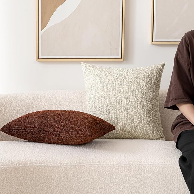 Woaboy Pack of 1 Decorative Boucle Throw Pillow Covers Textured Square Euro Pillowcaes Accent Solid Cozy Soft Cushion Covers Home Decor for Sofa Couch Living Room Bed,24x24 Inch Beige