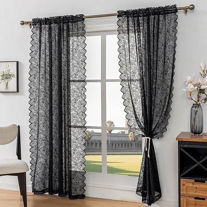 Black Lace Semi-Sheer Curtains 2 Panels – Vintage Floral Lace Halloween Curtains Gothic Privacy Light Filtering Rod Pocket Window Drapes for Bedroom Living Room, 52W x 45L Inch