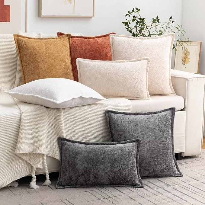 Beige Decorative Throw Pillow Covers 20x20 Inch Set of 2 Cozy Soild Chenille Cushion Cases Soft Textured Square Couch Pillows Cover Boho Accent Farmhouse Pillowcases for Sofa Bed