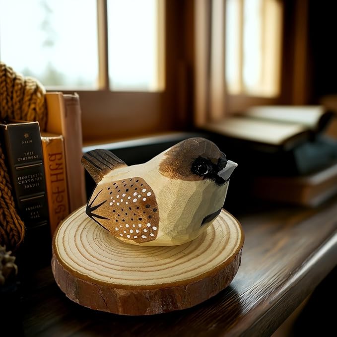 Wooden Bird Figurines Funny Desk Accessories Hand Carved Wood Decorative Small Birds Animal Miniature Statues Ornament for Home Room Decor (Brown Dots)