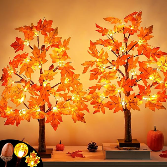 2 Pack 24 Inch Lighted Fall Tree for Fall Decorations with 48 LED Timer Battery Operated Tabletop Prelit Artificial Fall Light Up Tree for Home Indoor Outdoor Autumn Harvest Thanksgiving Table Decor