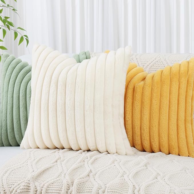 decorUhome Faux Fur Christmas Throw Pillow Covers 12x20 Set of 2, Decorative Soft Plush Striped Neutral Couch Euro Pillow Covers with Velvet Back for Sofa, Bed, Living Room Home Decor, Cream White