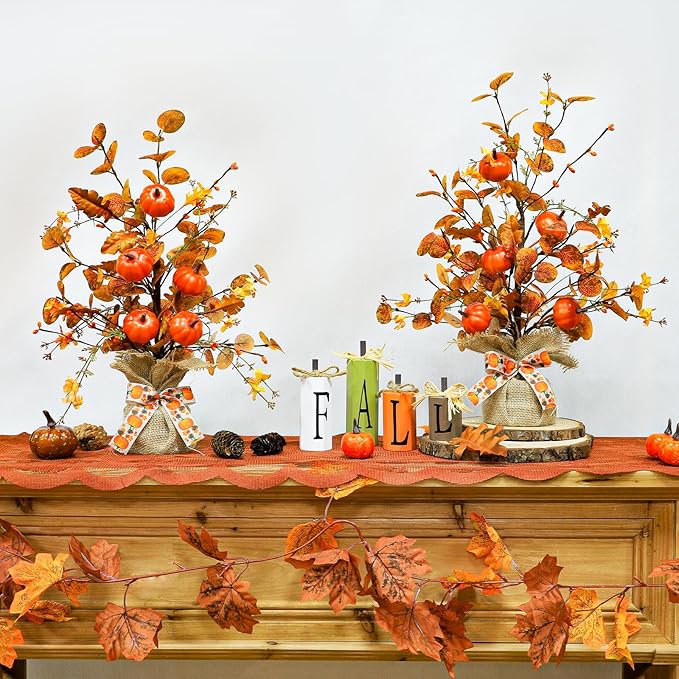 2 Pack & Timer - Lighted Fall Tree Tabletop Fall Thanksgiving Decor with 30 LED Battery Operated Artificial Eucalyptus Tree Pumpkins Floral Berry Burlap Base Fall Thanksgiving Decorations Home Indoor