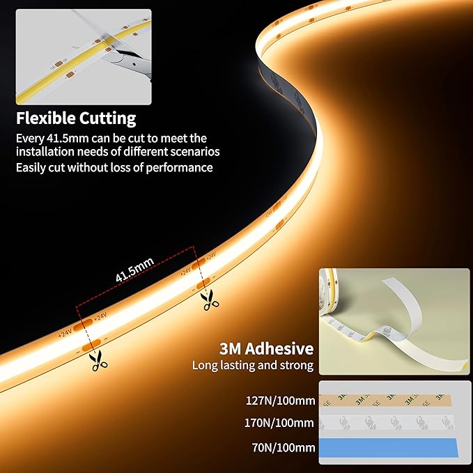 PAUTIX COB LED Strip Light 32.8ft/10m 5040LEDs Warm White 2700K,High Lumen Flexible CRI93+ LED Tape Super Bright DC24V,for Cabinet Home DIY Lighting Projects(Power Supply & Controller Not Included)