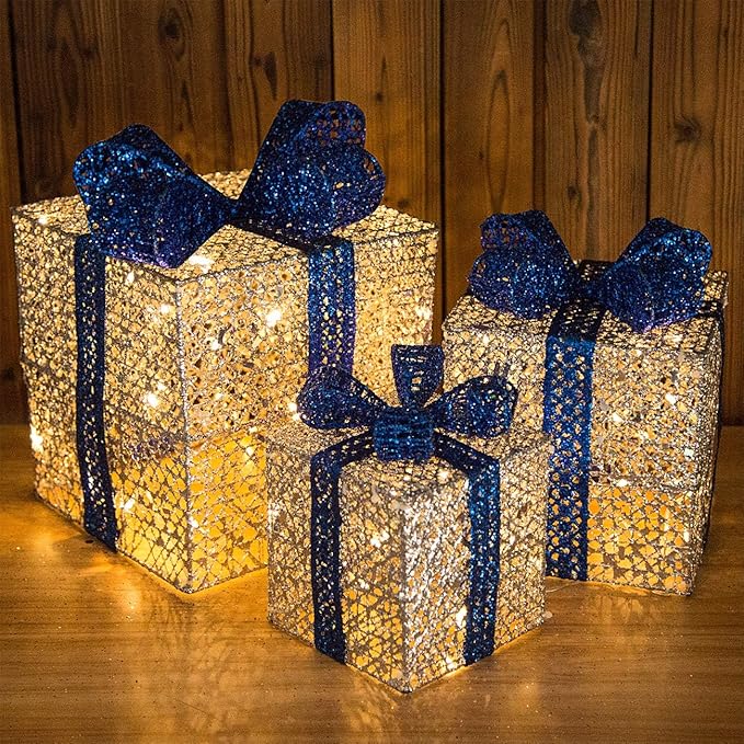 Sunnyglade 7.5”-5.9”-4.7” Set of 3 Christmas Lighted Gift Boxes with Plug for Christmas Decor, Weddings Yard Home Holiday Art Decorations (Silver)