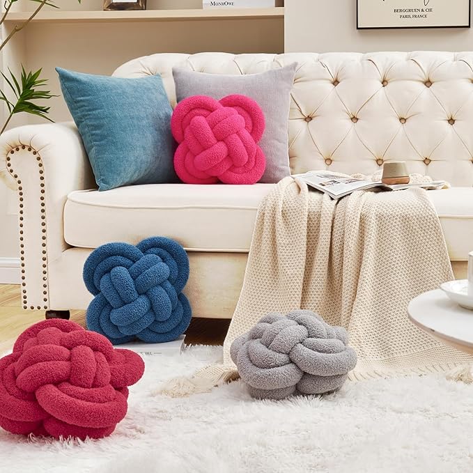 Xiashrk Knot Pillow Ball, 12" Soft Decorative Throw Pillows for Couch Bed, Rose Red Knotted Plush Throw Pillow Handmade Square Cushion Home Couch Decor Pillows for Living Room