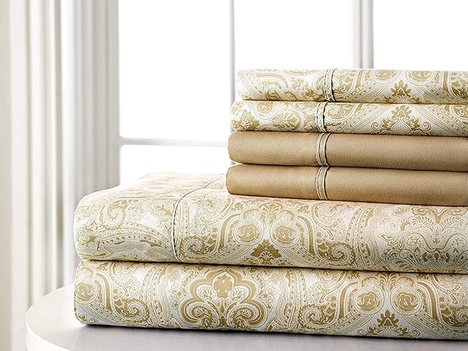 Spirit Linen home Twin Size Bed Sheets Set Deep Pockets - 6PC Paisley Ultra Soft Microfiber Bed Sheets - Easy to Clean, 90 Thread Count Sheets with Fitted Sheet, Flat Sheet & Pillowcases (Taupe)