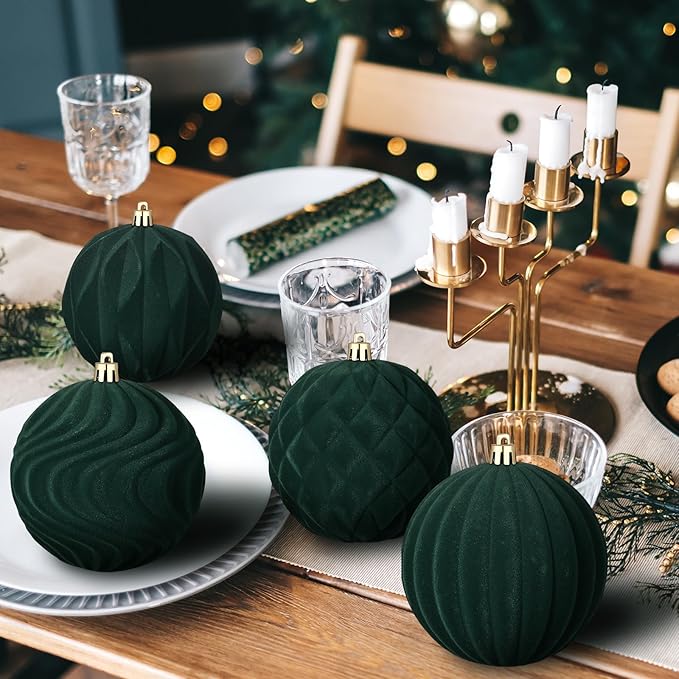 4 Pcs 4 Inch Large Velvet Christmas Ball Ornaments Vintage Christmas Plastic Ball Ornaments Flocked Tree Hanging Decoration for Xmas Party Wedding Home Decor(Green)