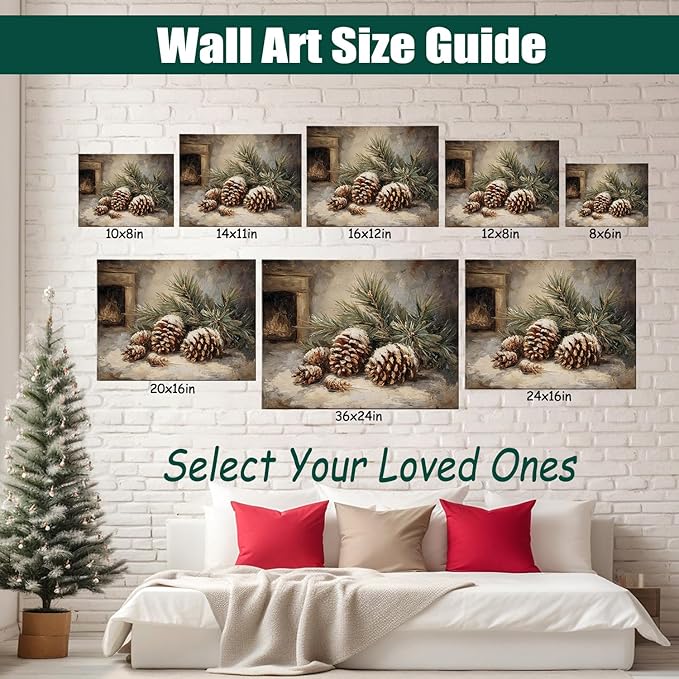 Vintage Pine Cones Christmas Canvas Wall Art, Rustic Winter Still Life Framed Print for Farmhouse Christmas Decorations, Cozy Holiday Gifts and Nature Wall Decor