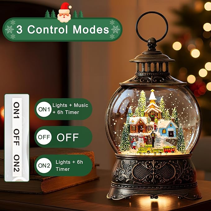 9.8" Christmas Snow Globe Water Lantern with Mountain Village and Train Scene Battery Operated or USB Powered Musical Lighted Holiday Decoration for Tabletop Display for Family and Friend