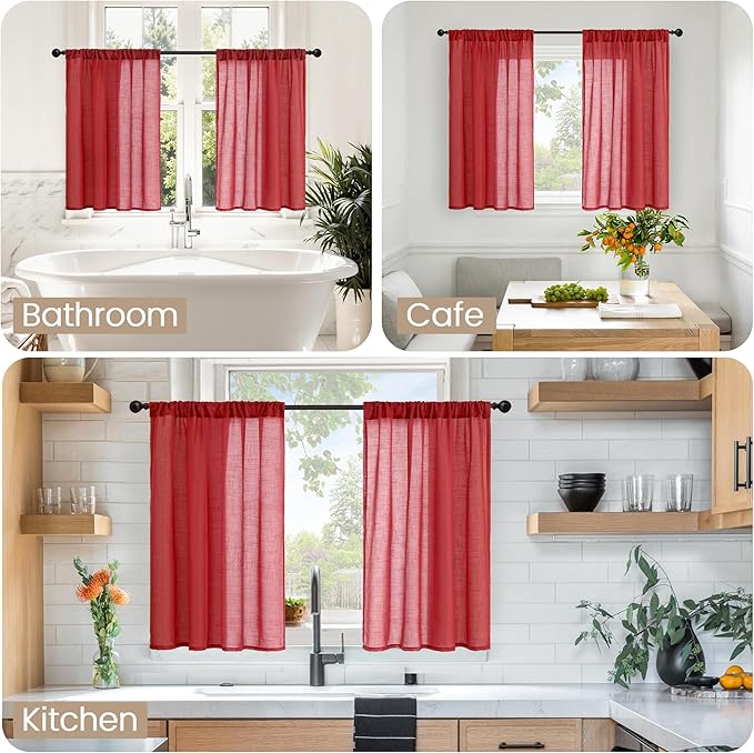 BGment Semi Sheer Curtains 36 Inch Length for Short Kitchen Window, Red Linen Small Drapes Lightweight Rustic Textured Rod Pocket Christmas for Bathroom Cafe Over Sink, 2 Panels Set, Each 42 Inch Wide