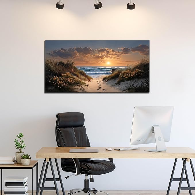 Sunset Canvas Wall Art Brown Wall Decor Seascape Art Print Landscape Wall Decorations Large Blue Picture 24" x 48" Coastal Artwork for Living Room Bedroom Office