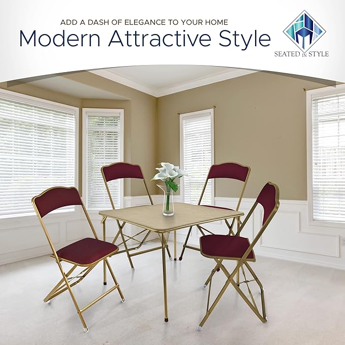 Folding Chairs with Padded Seats 4 Pack - Foldable Chair with Heavy-Duty Steel Frame, Elegant Party Bridge Chairs, Home, Office, Indoor Outdoor Events - Gold/Burgundy Fabric