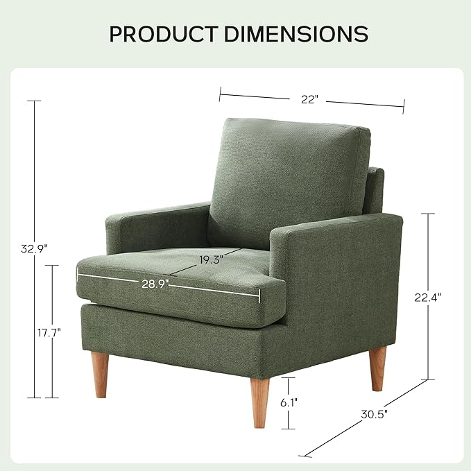 VKNOW Mid-Century Accent Chair, Modern Upholstered Armchair for Living Room,Comfy Reading Accent Chairs with Wood Legs for Bedroom, Green Polyester