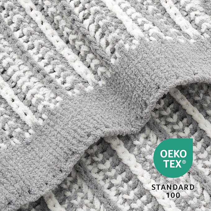 Amélie Home Striped Knit Throw Blanket for Couch, Dual-Sided Soft Chenille Decorative Blankets for Sofa & Chair, 50"x60", Gray & White