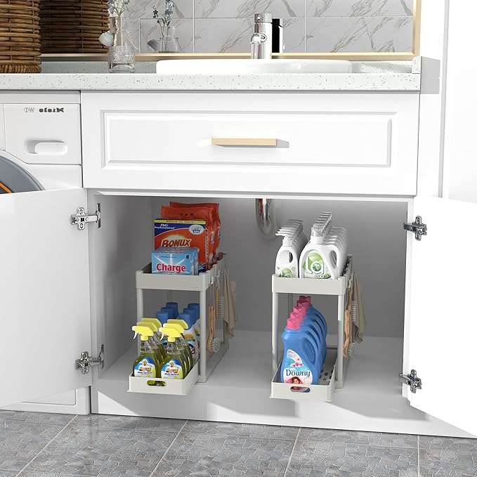 2PC Under Sink Organizer Rack 2 Tier Under Sliding Cabinet Basket Organizer Drawer with 4 Hooks, Multi-purpose Under Sink Storage for Bathroom Kitchen Desktop(White)