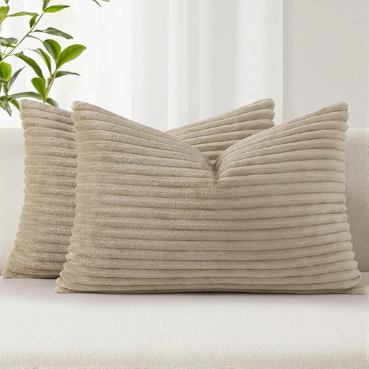 Simmore Decorative Fall Throw Pillow Covers 12x20 Set of 2, Soft Natural Plush Flannel Double-Sided Fluffy Lumbar Pillow Covers for Couch Sofa Living Room, Khaki