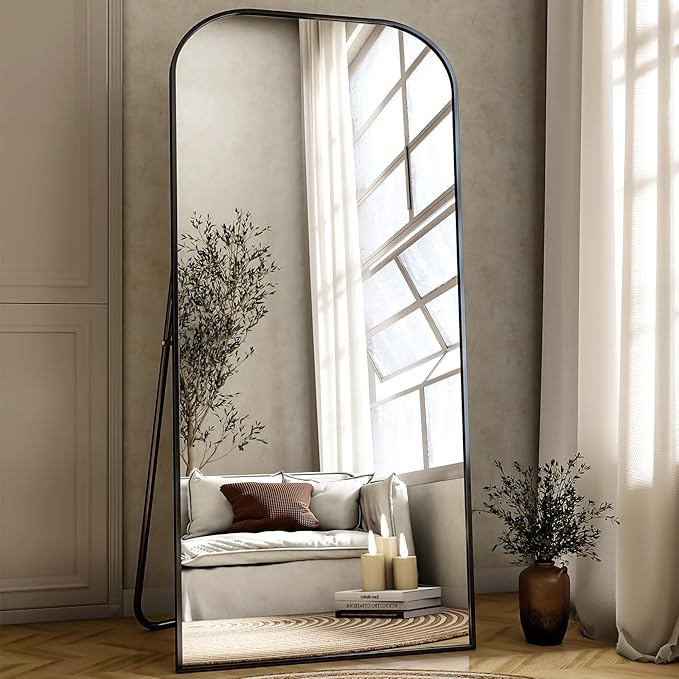 Full Length Mirror, 71"x28" Floor Mirror Freestanding, Arched Floor Standing Large Mirror Full Body Mirrors with Stand for Bedroom, Hanging Mounted Mirrors for Living Room,Black