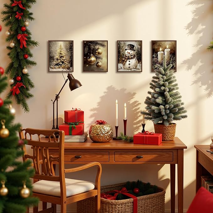 DOFQZ Vintage Christmas Wall Art Prints Set of 4, Farmhouse Christmas Decor, Moody Rustic Xmas Tree Gold Bauble Ball Candle Snowman Posters for Home Living Room Decor, 8x10 Unframed