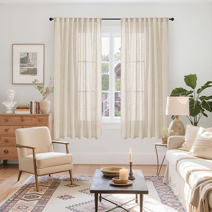 YoungsTex Oatmeal Linen Semi Sheer Curtains 63 Inches Long for Living Room 2 Panels, Light Filtering Window Drapes Natural Textured with Rod Pocket Back Tab for Bedroom, 52 X 63 Inch