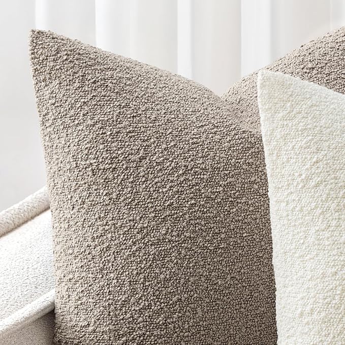 Woaboy Pack of 2 18x18 Inch Decorative Boucle Throw Pillow Covers Textured Square Pillowcaes Accent Solid Cozy Soft Cushion Covers Home Decor for Sofa Couch Living Room Home Decor,Light Brown