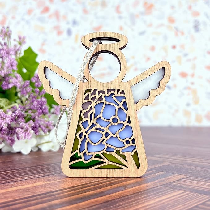 Blue Hydrangea Home Decor - 3.5" (H) Small Wooden Angel Figurines - 3.5" Christmas Ornaments Memorial Mom