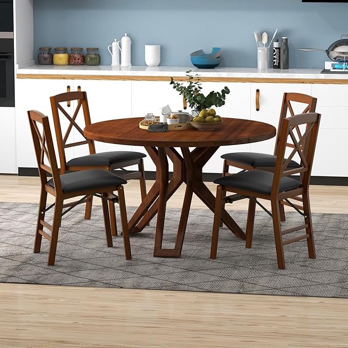 Giantex Folding Dining Chairs Set of 4, Foldable Wood Kitchen Chairs with Padded Seat, Solid Wood Frame, Max Load 400 Lbs, No Assembly Easy to Store Wooden Dining Chairs for Apartment, Small Space