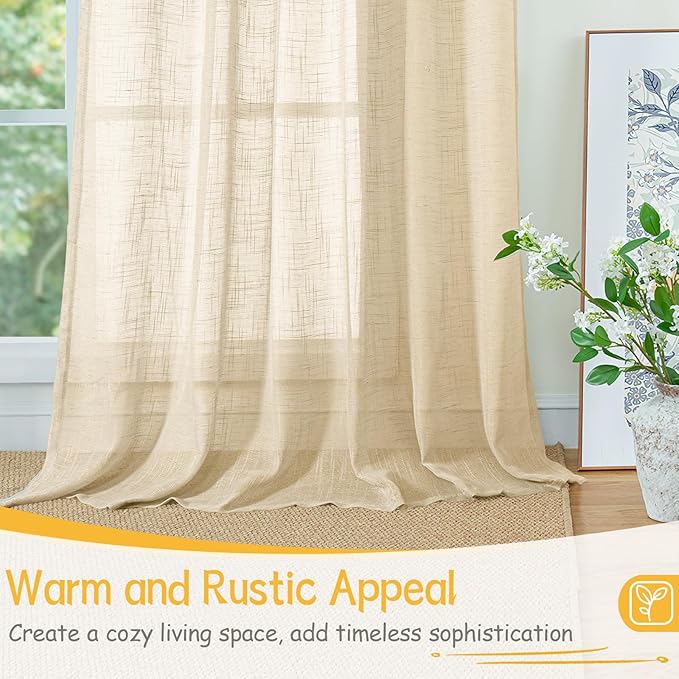 YoungsTex Natural Linen Semi Sheer Curtains 63 Inch Length for Living Room Window, Burlap Light Filtering Drapes Rustic Textured with Rod Pocket Back Tab for Bedroom, 2 Panels, 42 X 63 Inch