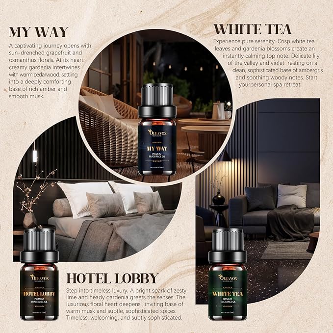 Hotel Diffuser Oils Gift Set, Essential Oils for Diffusers for Home, Luxury Fragrance Oil Set, Candle & Soap Making Scents, Jasmine & Mint, White Tea, My Way, Dream On, Hotel Lobby, Crystallé
