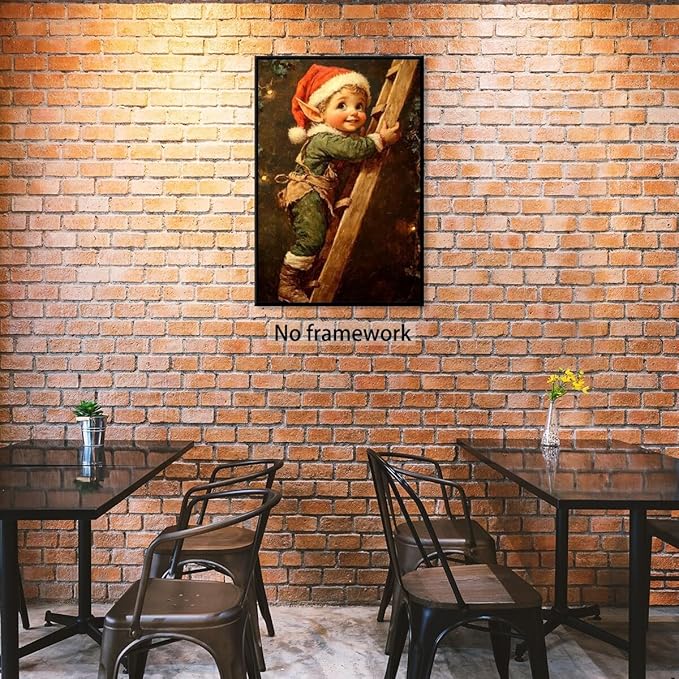Medpol Vintage christmas wall art christmas elf painting winter cottagecore canvas poster for farmhouse home decor apartment dormitory Unframed12x18inch