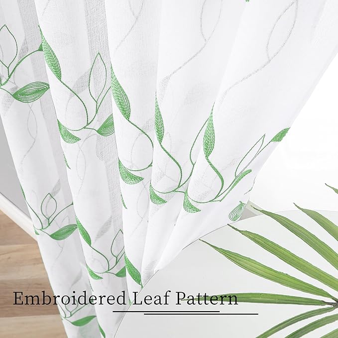 Tollpiz Green Leaf Sheer Curtain Leaves Embroidered Bedroom Curtains Rod Pocket Voile Window Treatment for Living Room, 54 x 95 inches Long, Set of 2 Panels