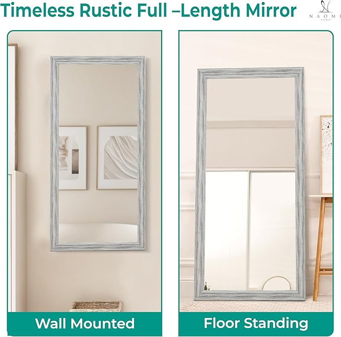 Naomi Home Farmhouse Full-Length Mirror with Wood Frame – Rustic 66"x32" Large Floor Mirror, Elegant Full Body Standing or Wall Mirrors, Rustic Wood Full Length for Bedroom - White