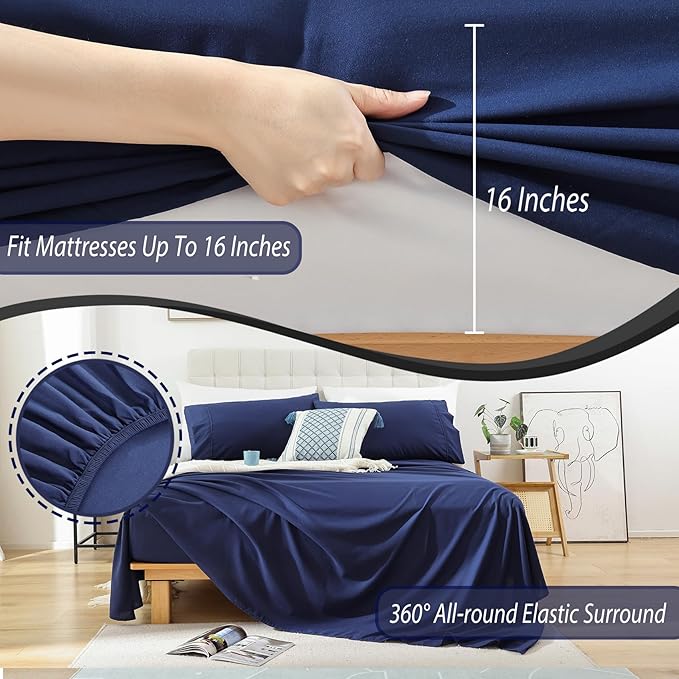 Whitney Home Textile Queen Sheet Set, Soft Microfiber Hotel Bed Sheets Queen Size, Extra Deep Pocket, Luxury Breathable Bedding Sheet & Pillowcase Sets, 4 Piece Wrinkle Free Oeko-Tex, Navy Blue
