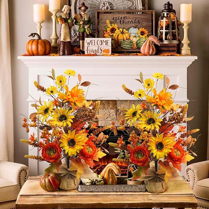 2 Pack Fall Table Decor, 19.6" Artificial Tabletop Fall Tree with Maple Leaves Sunflowers Fall Decorations for Indoor Outdoor Home Autumn Thanksgiving Table Centerpieces