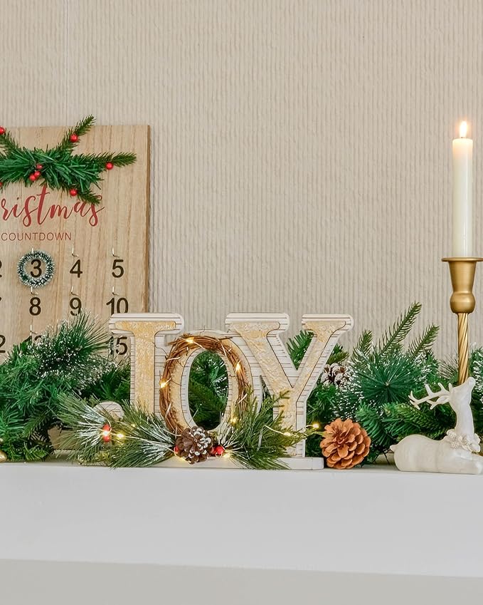 DN DECONATION Rustic Wooden Tabletop Christmas Joy Sign Decoration-White and Gold Xmas Joy Decorated with Needle Pine Branch, Pine Cone & Red Berries for Home Farmhouse Fireplace Mantel Decor