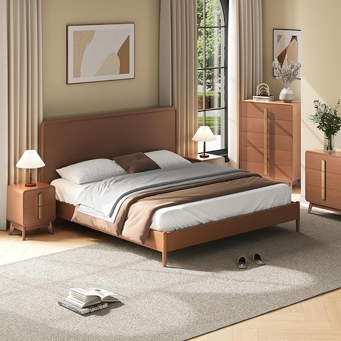 Nights tand Set 2, Mid Century Modern Bedside Table with Drawers, Curved Profile Design End Table with Metal Handle, Nightstand Set of 2 with Storage, Bed Side Tables for Bedroom, Cherry
