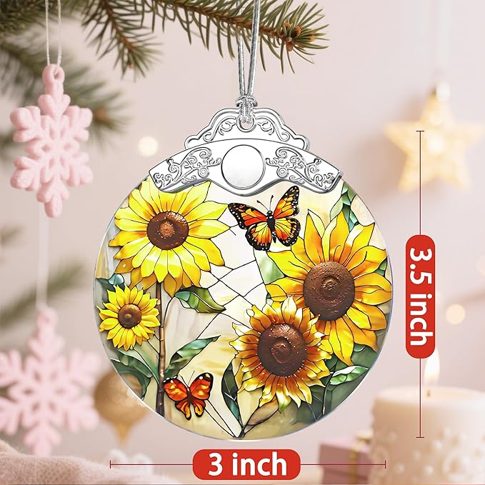 Stained Glass Ornament, Christmas Ornament, Hanging Ornaments for Home Decor & Christmas Tree Ornaments – Exquisite Holiday Decor, Xmas Gifts & Holiday Present - Sunflower & Butterfly