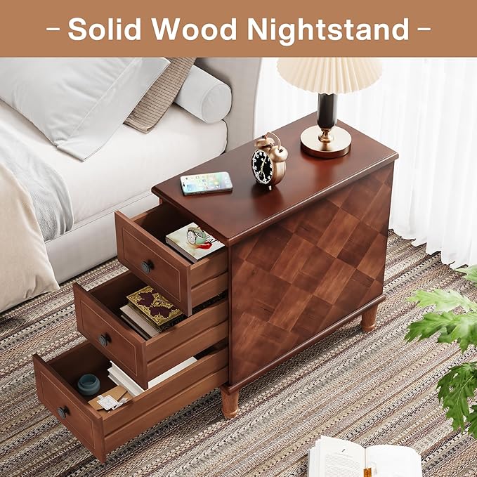 Tribesigns Solid Wood End Table, Fully Assembled Narrow Side Table with Drawers, Pre-Assembled Nightstand Slim Bedside Table for Small Spaces, Living Room, Bedroom, Brown