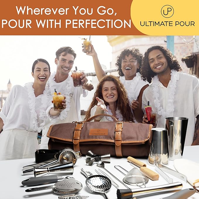 Professional Bartender Kit Travel Bag with Cocktail Shaker Set | Portable Bartending Mixology Bar Set with 18/28 oz Boston Shaker | Pro Bar Tools Perfect for Home, Bar, Parties, Beach, BBQ | 24 Pcs