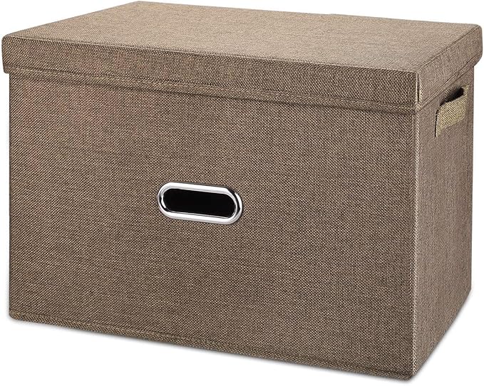 Large Linen Fabric Foldable Storage Bins with Removable Lid and Handles, Washable Storage Box Organizer Containers Baskets Cube with Cover for Bedroom,Closet,Office (Coffee, Extra Large)