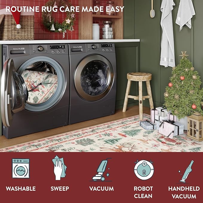 Lahome Christmas Beige Hallway Runner, Kitchen Non Skid Washable, Soft Christmas Tree Santa Claus Bathroom Carpet for Entryway Bedside Holiday Decor (2'x10')